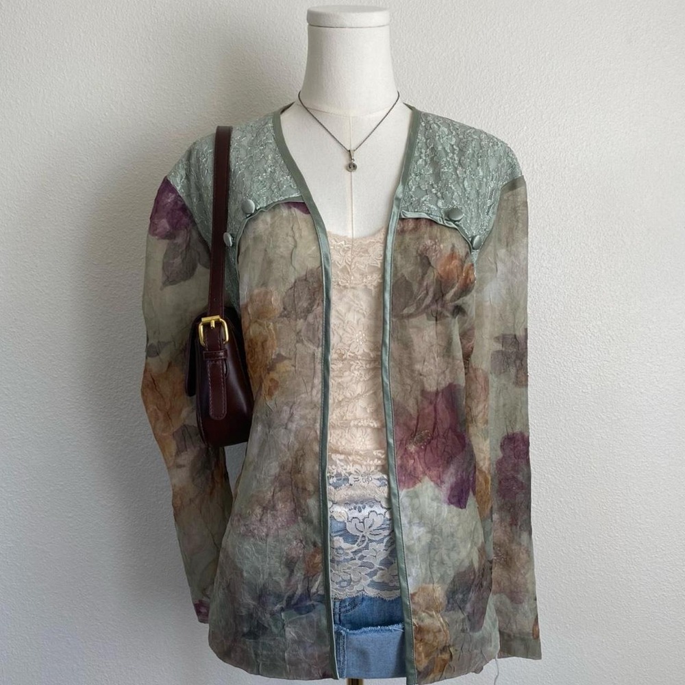 Vintage Dress Barn Woman Green Floral Lace Mesh Sheer Cardigan Jacket